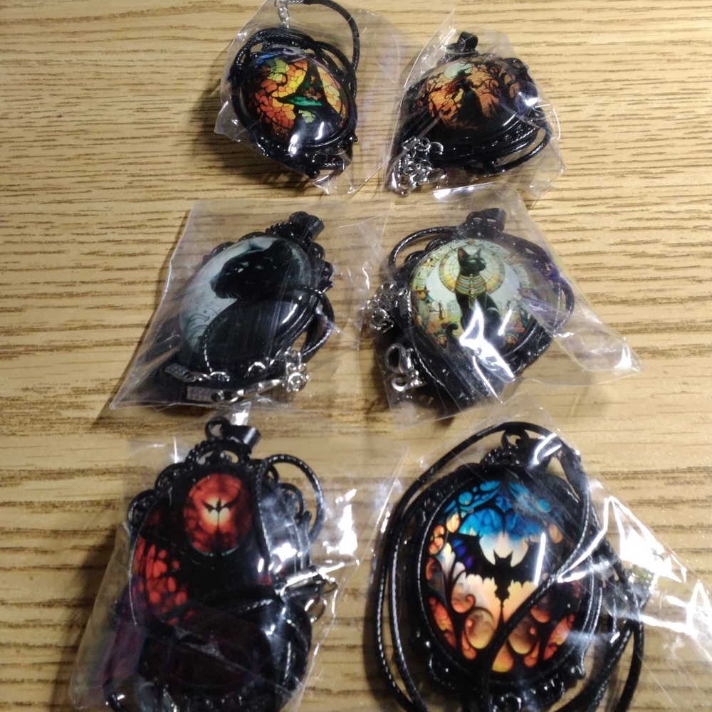 NWOT 6PC Witch Pendant Necklace Black Cat Necklace Bat Scene Necklace